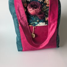Handmade torba szoperka z weluru i tkaniny wodoodpornej - kwiaty