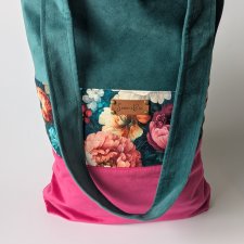 Handmade torba szoperka z weluru i tkaniny wodoodpornej - kwiaty