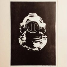 Linoryt, ilustracja, grafika, obrazek, obraz - Retro Hełm Nurka