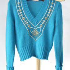 turkusowy sweter w serek wełna 36