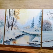 KOMPLET RĘCZNIE MALOWANYCH OBRAZÓW - TRYPTYK NATURY "ZIMOWE ZAMYŚLENIE" (darmowa dostawa)