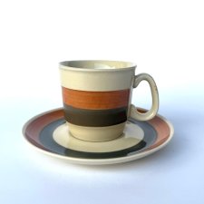 Filiżanka ze spodkiem Pruszków vintage pasy brąz oliwka beż PRL Polska