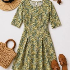 Żółta sukienka w stylu Cottage core rozkloszowana w kwiaty gruby materiał