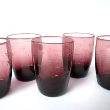 Kultowe szklanki literatki PRL wzór bambus szkło dymione fioletowe Polski design