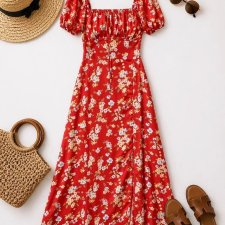 Satynowa czerwona sukienka maxi w kwiatki lato wiosna hiszpanka