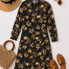 Czarna sukienka szmizjerka z kołnierzykiem Lolita w żółte złote kwiaty guziki