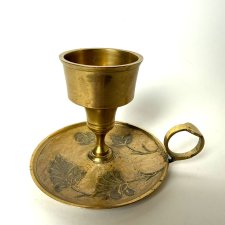 Stary Mosiężny Świecznik z uszkiem Lichtarz emalia liście Vintage retro home