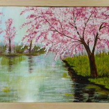 GOTOWY PEJZAŻ NA PREZENT - RĘCZNIE MALOWANY OBRAZ "PULS W RÓŻU" Z RAMĄ I MOTTO