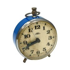 Niebieski mechaniczny budzik z uchwytem PRIM, Czechosłowacja, lat 60.