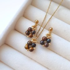 Komplet Biżuterii Tygrysie Oko - Kolczyki Sztyfty i Naszyjnik