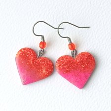 Pomarańczowe Kolczyki Serca z Brokatem