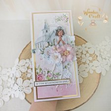 Kartka komunijna, Pamiątka Komunii, prezent "PinkRoses4" GOTOWA