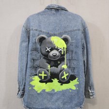 Kurtka jeansowa - ręcznie malowana - skate - street - miś - handmade - S/M