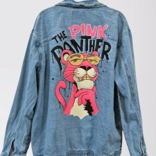 Kurtka jeansowa - Pink Panther - vintage ręcznie malowana - 3XL oversize - UNIKAT