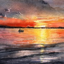 Zachód słońca w lagunie. Original Akwarela A4