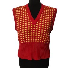 Czerwono-żółta kamizelka handmade S/M z dekoltem w serek, miękka dzianina retro vintage