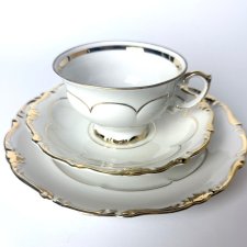 Luksusowe Trio Śniadaniowe Sonneberg Rokoko Biel i Złoto Filiżanka Turyngia Vintage lata 60