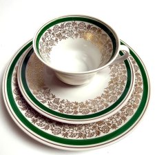 Trio Zestaw Śniadaniowy Weimar Vintage NRD Złocony motyw floralny Filiżanka Retro lata 60/70