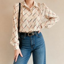 Kremowa bluzka vintage kratka retro old money Parisian chic 40/L