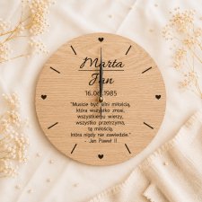 Personalizowany zegar z cytatem Papieża Jana Pawła II, prezent na rocznicę, ślub, drewnianym z litego drewna