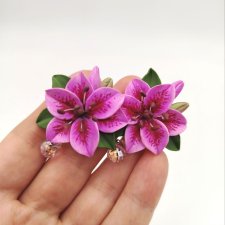 Kolczyki kwiatowe lilie handmade różowe wiszące stal nierdzewna