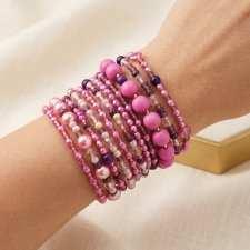 Zestaw 11 Bransoletek Koralikowych Boho - Róż i Fiolet
