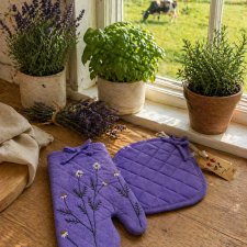 Rękawica kuchenna lniana z haftem stokrotek + łapka | prezent do kuchni handmade