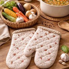 Rękawice kuchenne 2 szt. z haftem marchewek i stokrotek | prezent handmade do kuchni