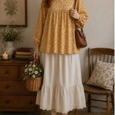 Bluzka vintage żółta w kwiaty z kołnierzykiem retro romantyczna Floral Cottage