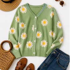Zielony kardigan w stokrotki Cottage sweter kwiaty słodki