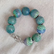 Zielono-niebieska bransoletka handmade z pustych koralików - glinka polimerowa