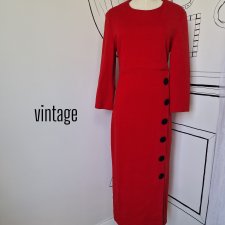 vintage czerwona dopasowana sukienka czarne ozdobne guziki M