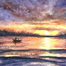 Zachód słońca w lagunie. Original Akwarela A4