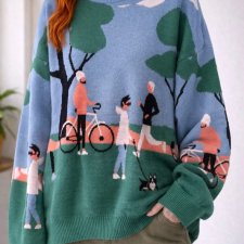 Sweter Cottagecore Vintage style Park Print Unisex Oversize Kolorowy M
