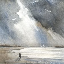 Spacer po Pomorie original akwareli A4