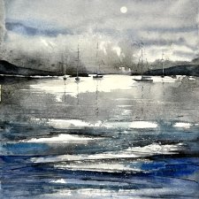 Czarno-białe morze o poranku. Original Akwarela A4