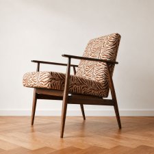 Fotel Lisek PRL, Orzech, Tkanina Safarii; Typ 300-190, Po renowacji, Vintage