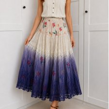 Bawełniana spódnica boho ombre XXL 90 cm kwiatowa na podszewce Fairy Cottagecore koronka Hippie