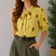Vintage 90s Żółta Bluzka Kokarda L Limonkowa Retro Puff Sleeves Retro
