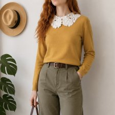 Vintage musztardowy sweter z koronkowym kołnierzem | Dzianina retro boho