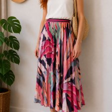 Plisowana spódnica midi kolorowy print tropical abstract art rozkloszowana L XL