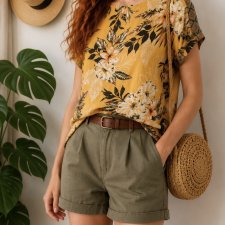 Wiskozowa bluzka vintage w tropikalny print | Musztardowa boho XL