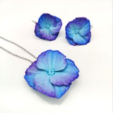 Komplet z błękitnymi hortensjami handmade, glina polimerowa, biżuteria z kwiatami