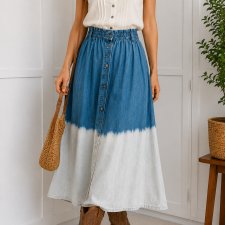 Jeansowa spódnica ombre S/M ręcznie wybielana 100% bawełna boho wysoki stan guziki