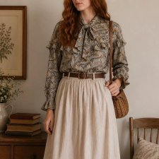 Bluzka Cottage vintage wzory retro boho wiązanie pod szyją falbanki M/L Cottage