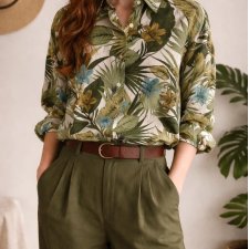 Koszula Biała w Zielone Liście i Kwiaty Reserved Tropikalna Jungle Safari Oversize 34