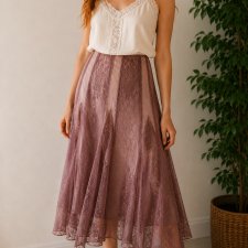 Koronkowa Spódnica Vintage Midi Boho Fairycore Wrzosowy brązowy koraliki koronka