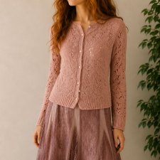 Sweter Rozpinany Ażurowy Coquette Vintage Avant Garde S/M Pudrowy róż kardigan