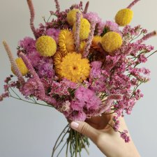 Suszony bukiet naturalny z Kraspedią zółtą i różowymi zatrwianami
