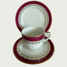 Włocławek PRL trio porcelanowe bordowe ze złoceniami | filiżanka vintage